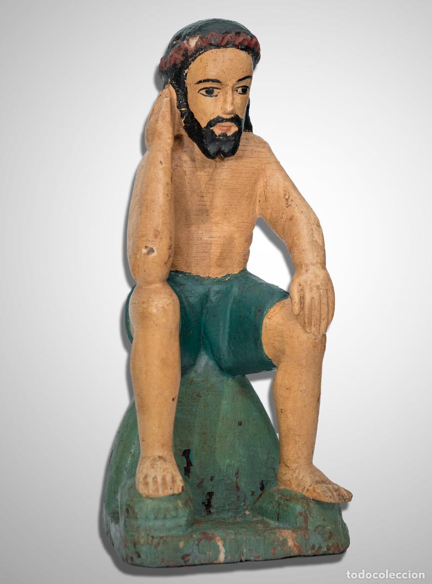 Arte: Santo de Cristo del Cuidado, la Humildad ,Paciencia o El Pensativo en Madera Tallada y Policromada