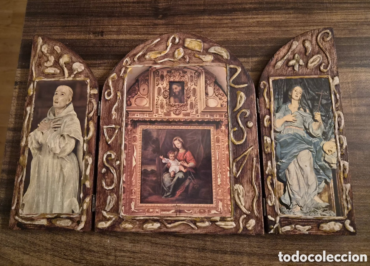 Arte: Antiguo Tr&iacute;ptico Religioso de Madera en Relieve &ndash; Altarcillo Port&aacute;til con Santos y Virgen &ndash; Exc.