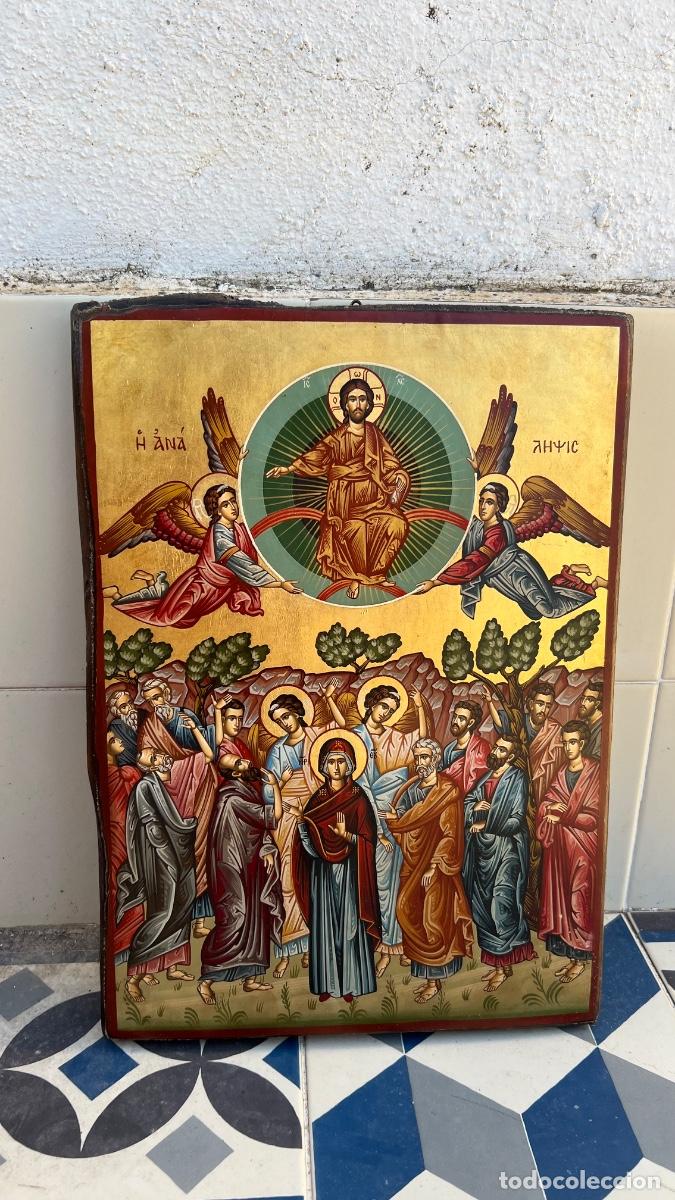 Arte: Icono griego pintado sobre madera envejecida pantocrator &aacute;ngeles virgen y ap&oacute;stoles Grecia Atenas 35