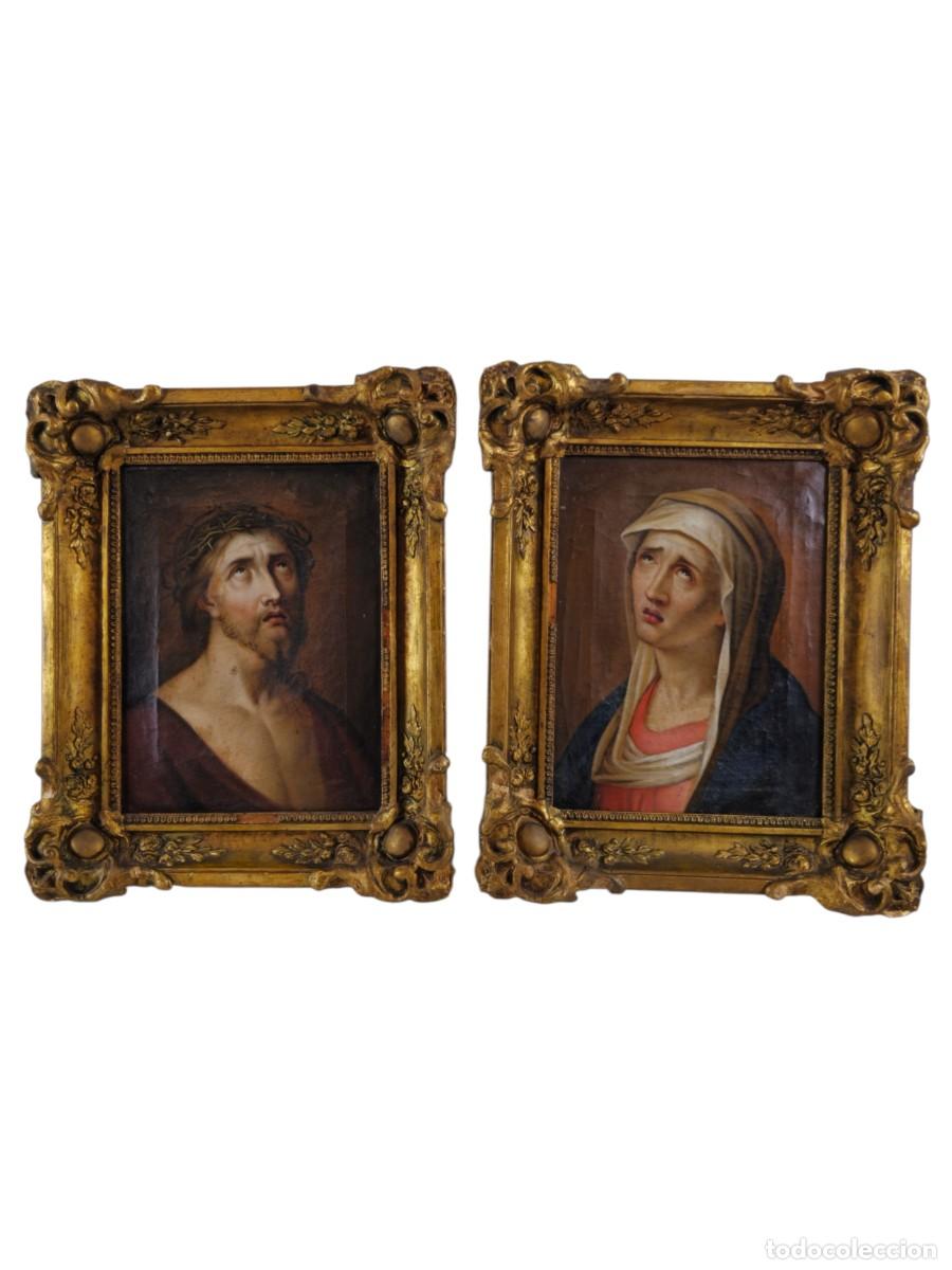 Arte: Pareja de pinturas alemanas del siglo XVIII, Cristo y la Virgen Dolorosa