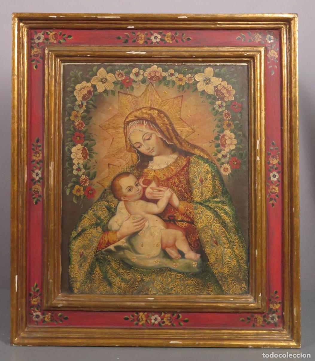 Arte: VIRGEN DE LA LECHE. OLEO S/ LIENZO. MARCO POLICROMADO SIGUIENDO MODELOS SIGLO XVIII. ESCUELA