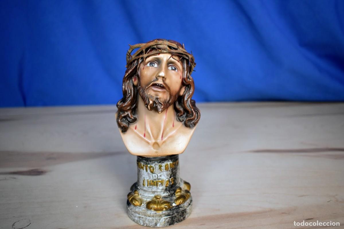 Arte: Antiguo Busto Santo Cristo de Limpias - CORONA NATURAL - Ojos Cristal