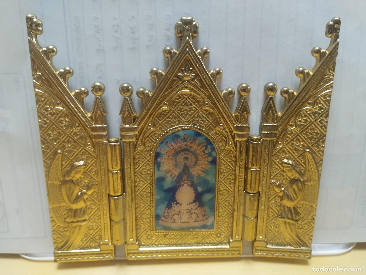 Arte: TRIPTICO RELIGIOSO PORTATIL VIRGEN DEL PILAR. CAPILLA DE VIAJE O ORATORIO DE BOLSILLO. COMO NUEVO.