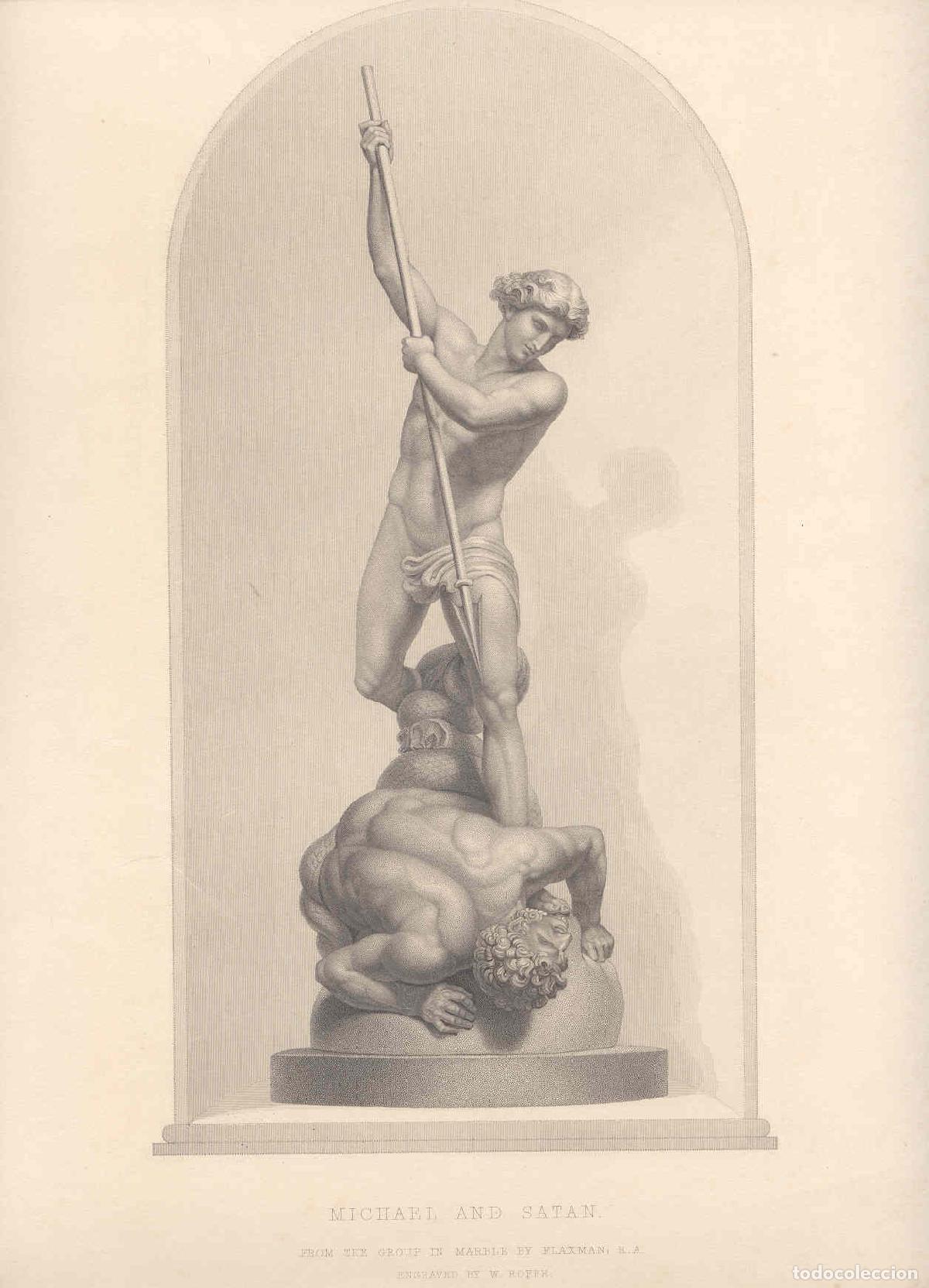 Arte: San Miguel y Sat&aacute;n, grupo de Flaxman - Grabado original de W. Roffe - 1849