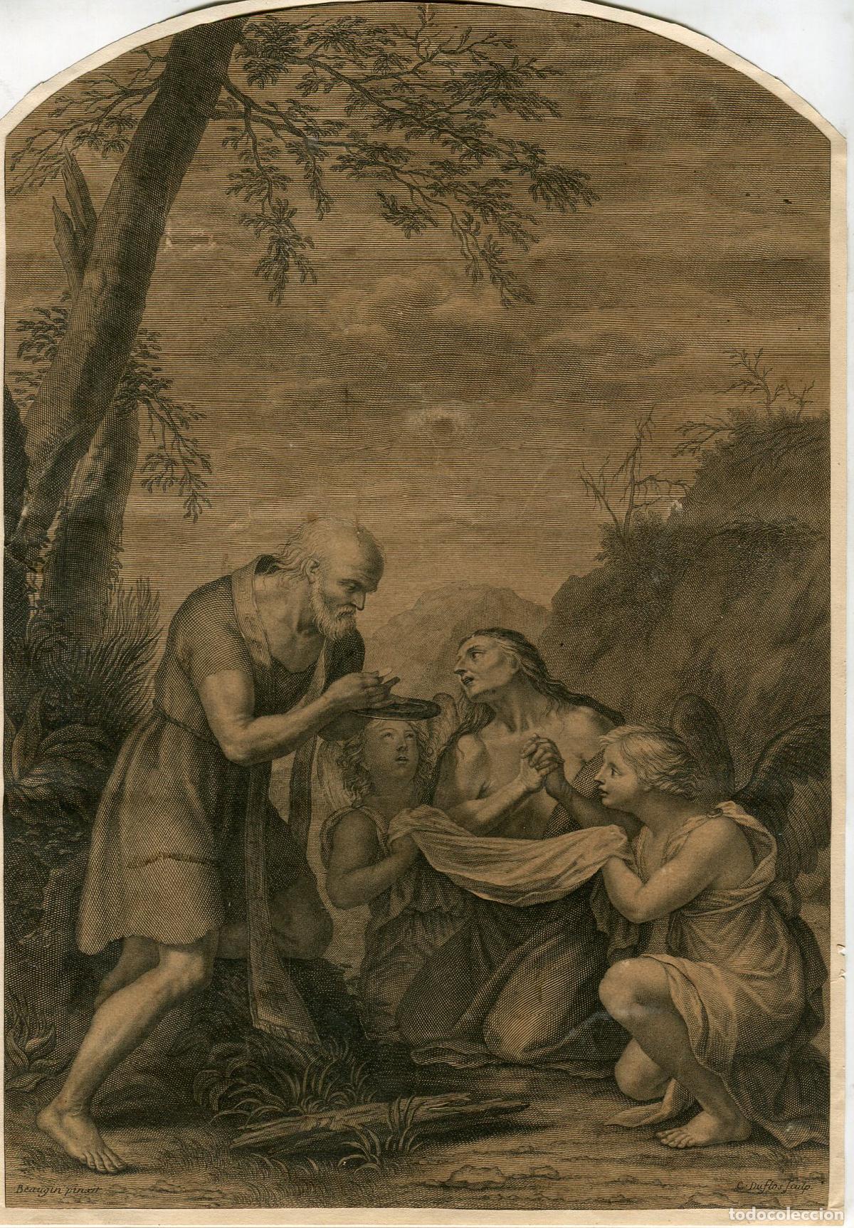 Arte: Santa Mar&iacute;a Egipc&iacute;aca comulgando - Grabado original de C. Duflos, s. XVII