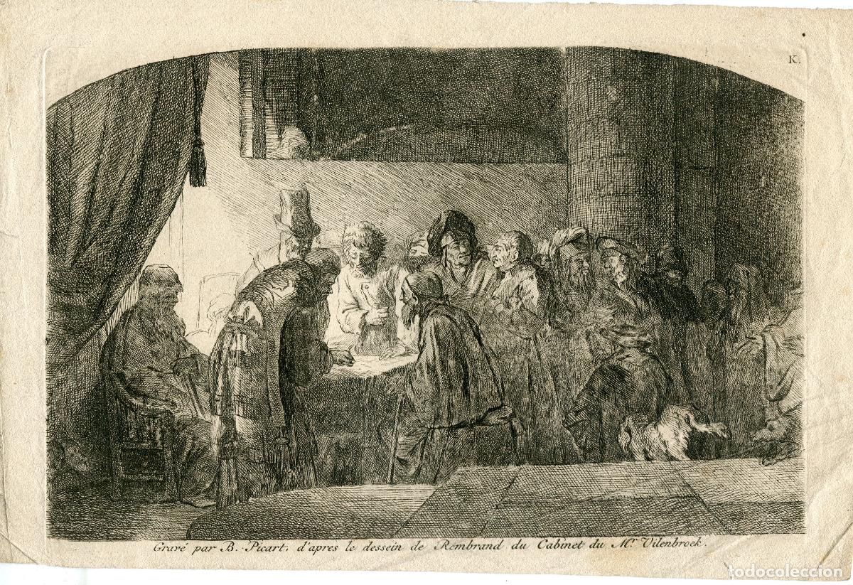 Arte: Judas recibe las monedas - Aguafuerte de B. Picart seg&uacute;n Rembrandt - 1734