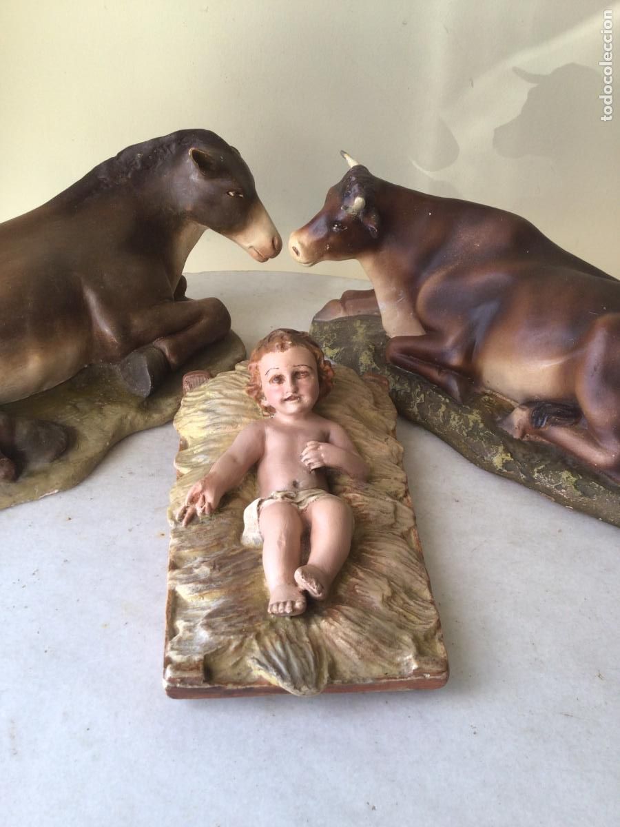Arte: ANTIGUO Y GRAN GRUPO DE OLOT , FIGURAS DE BELEN- PESEBRE , SERIE DE 40 CM - NI&Ntilde;O Y ANIMALES