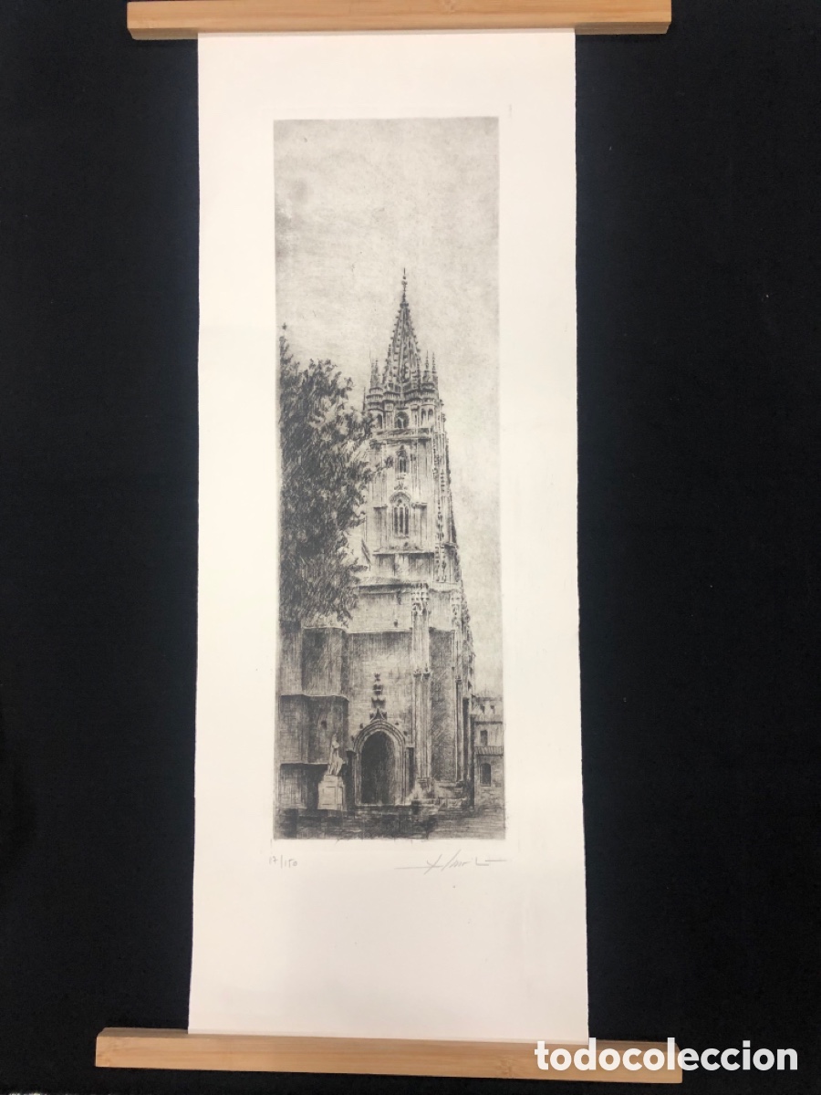 Arte: Grabado Original de Alberto Mart&iacute;nez Torre de la Catedral de San Salvador de Oviedo