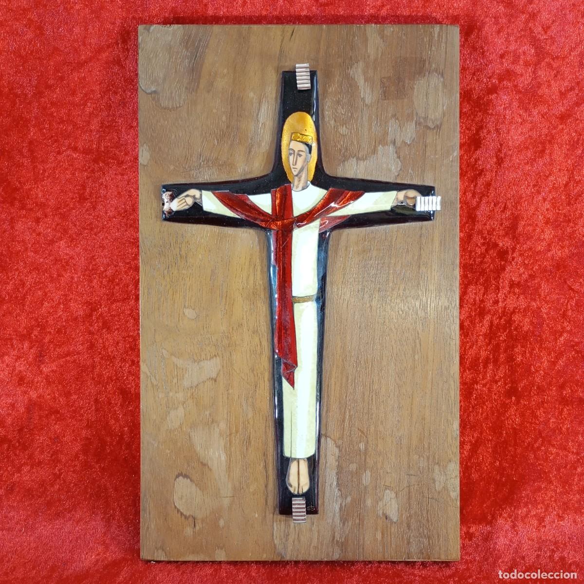 Arte: PRECIOSO CRUCIFIJO ESMALTADO HECHO A MANO - OBRA DE ARTE - SOPORTE EN MADERA - 29 X 17 CM TOTAL