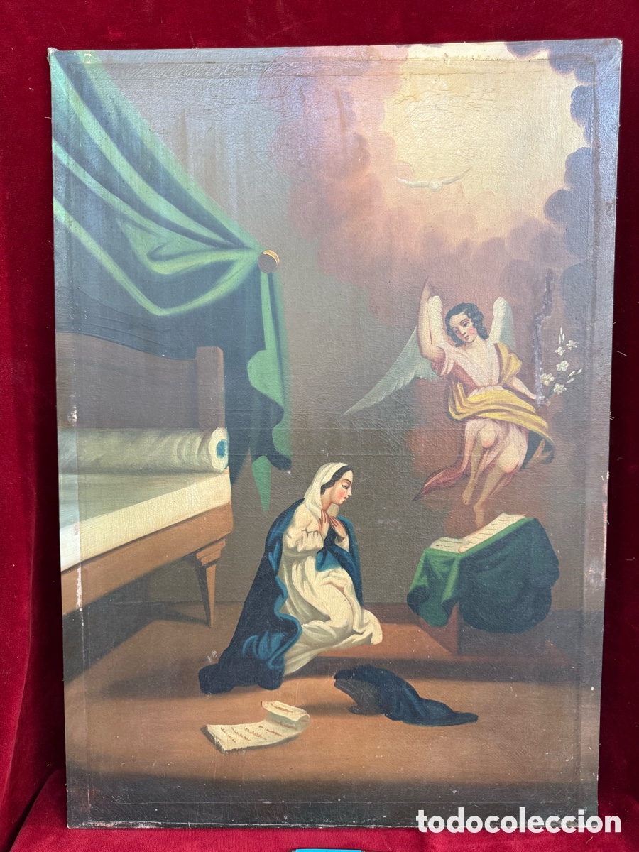 Arte: Precioso cuadro religioso antiguo,Oleo,La Anunciacion