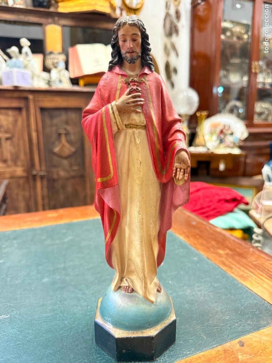 Arte: ANTIGUO SAGRADO CORAZON DE JESUS TALLA DE MADERA DE OLOT - MEDIDA 31 CM - RELIGIOSO