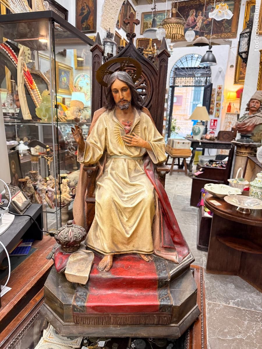 Art: ANTIGUO CRISTO CORAZON DE JESUS DE OLOT CON OJOS DE CRISTAL - MEDIDA TRONO 85 CM - RELIGIOSO
