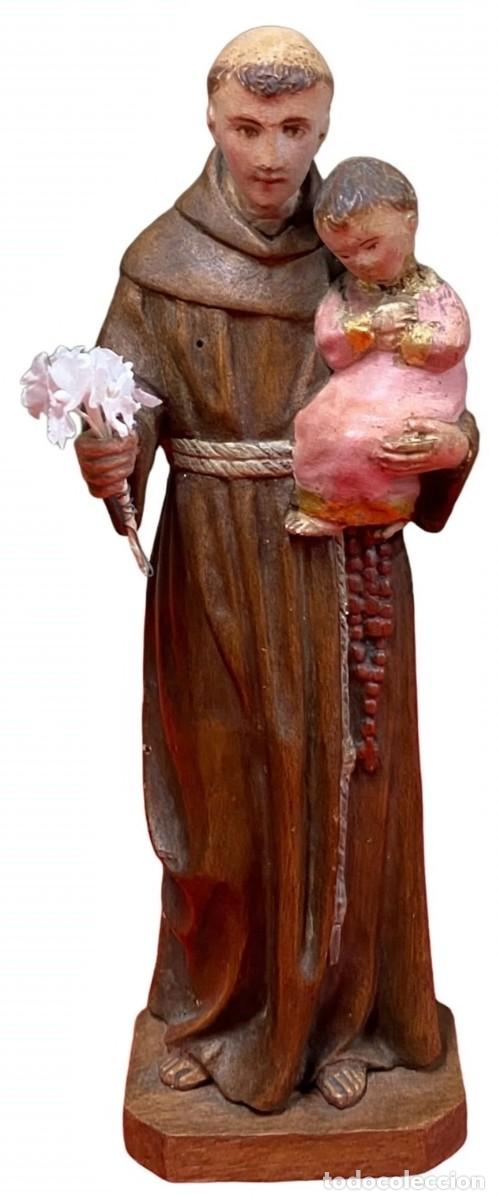 Arte: Antiguo San Antonio de madera tallada con el ni&ntilde;o Jes&uacute;s. 28x9x7. S. XIX. Raro.