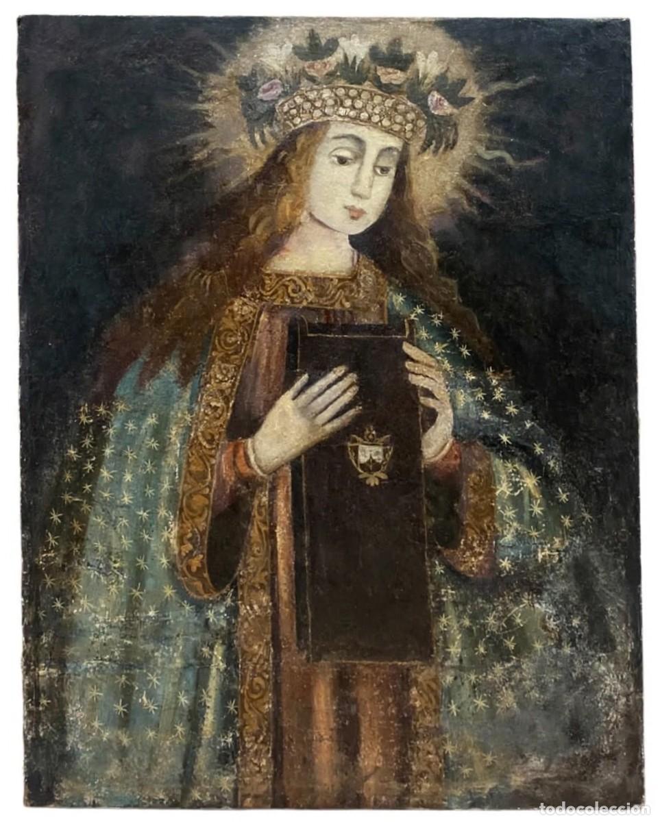 Arte: Antiguo &oacute;leo sobre lienzo de la Virgen del Carmen. Siglo XVII. Escuela Cuzque&ntilde;a. 90x71 cm.