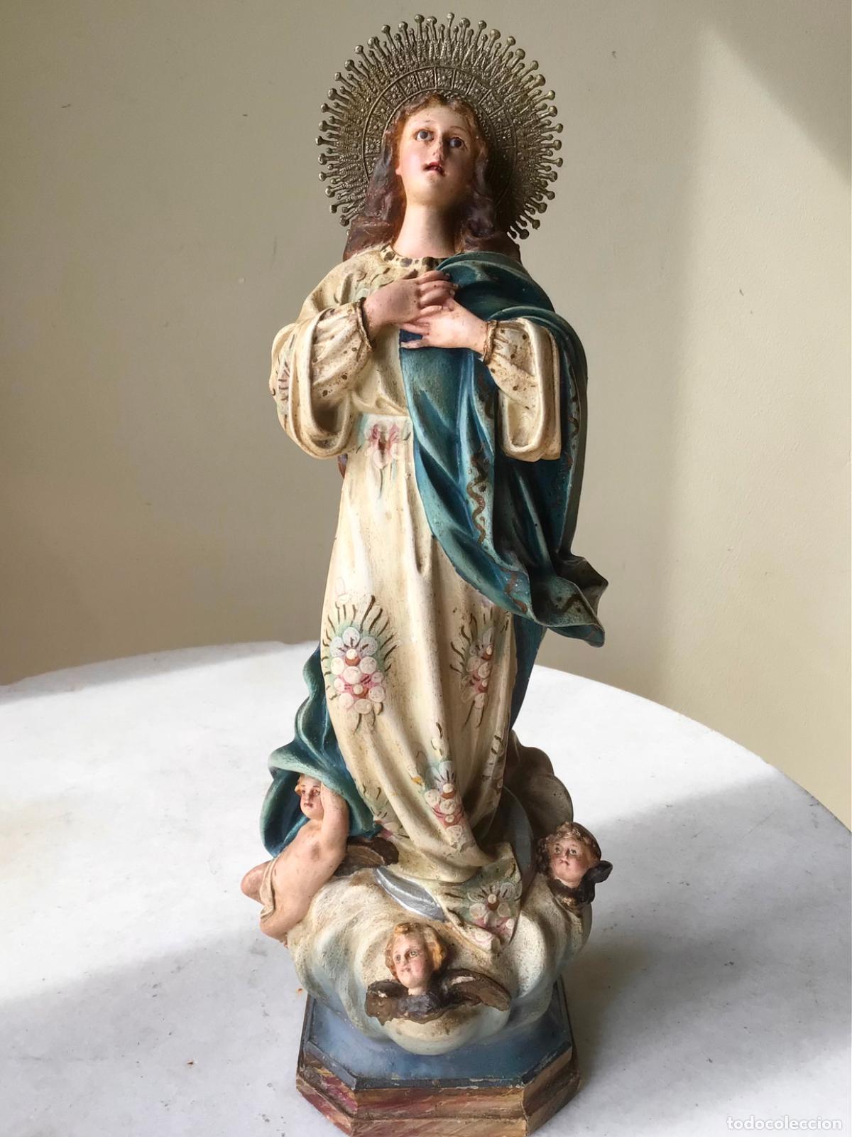 Arte: ANTIGUA VIRGEN INMACULADA , FIGURA DE OLOT SELLADA - OJOS DE VIDRIO