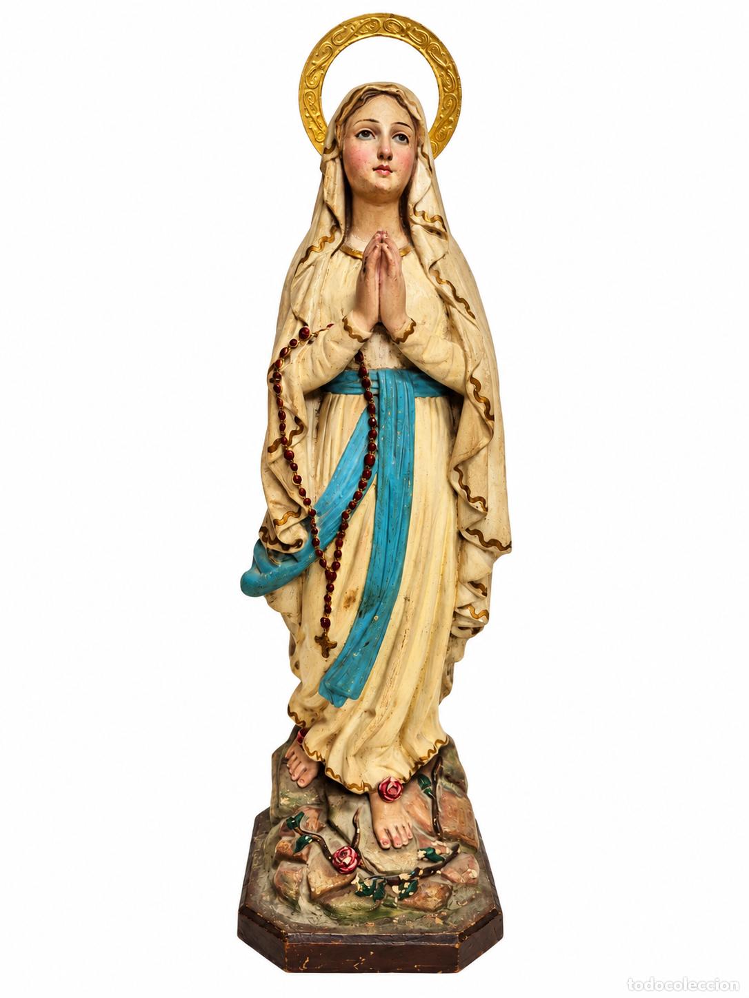 Arte: Bonita Virgen de Lourdes - Estuco Policromado - Sello La Sagrada Familia, Olot