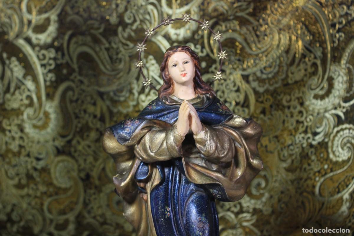 Arte: Antigua Virgen Inmaculada Concepci&oacute;n, 34cm, Estatua Virgen Escayola, Base pedestal, Escultura