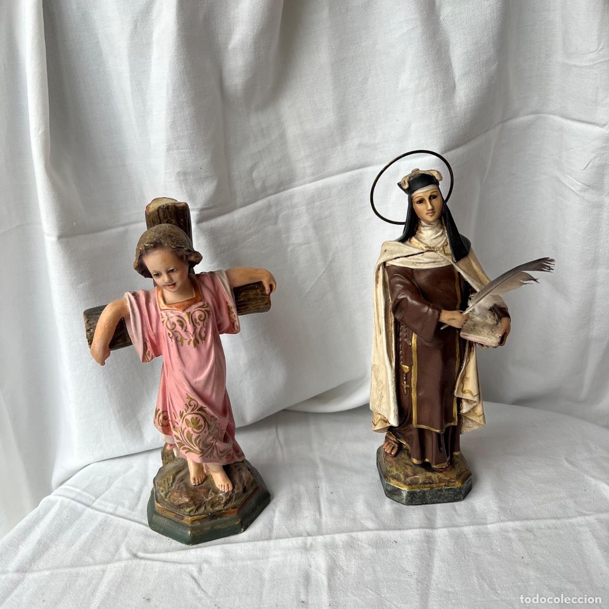 Arte: Pareja en Pasta de Madera de Olot. Santa Teresa Sello &rdquo;Palomeque - Madrid&rdquo; y Ni&ntilde;o Jes&uacute;s en la Cruz