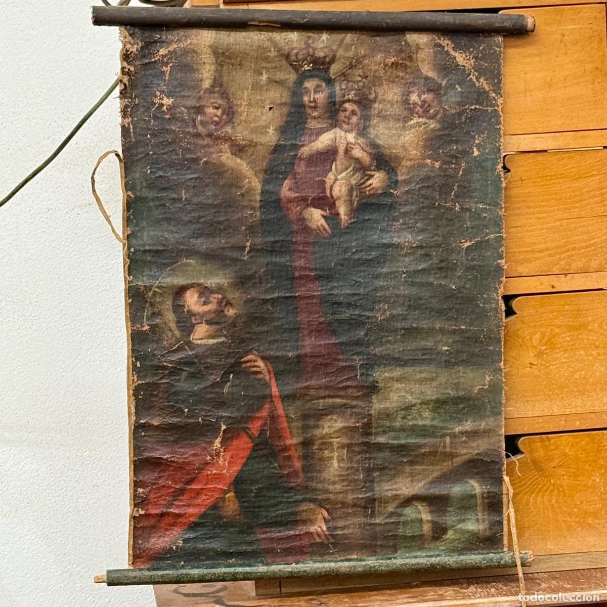Arte: Escuela Colonial ? S. XVIII - La Venida de la Virgen del Pilar a Zaragoza ante Santiago - O/L