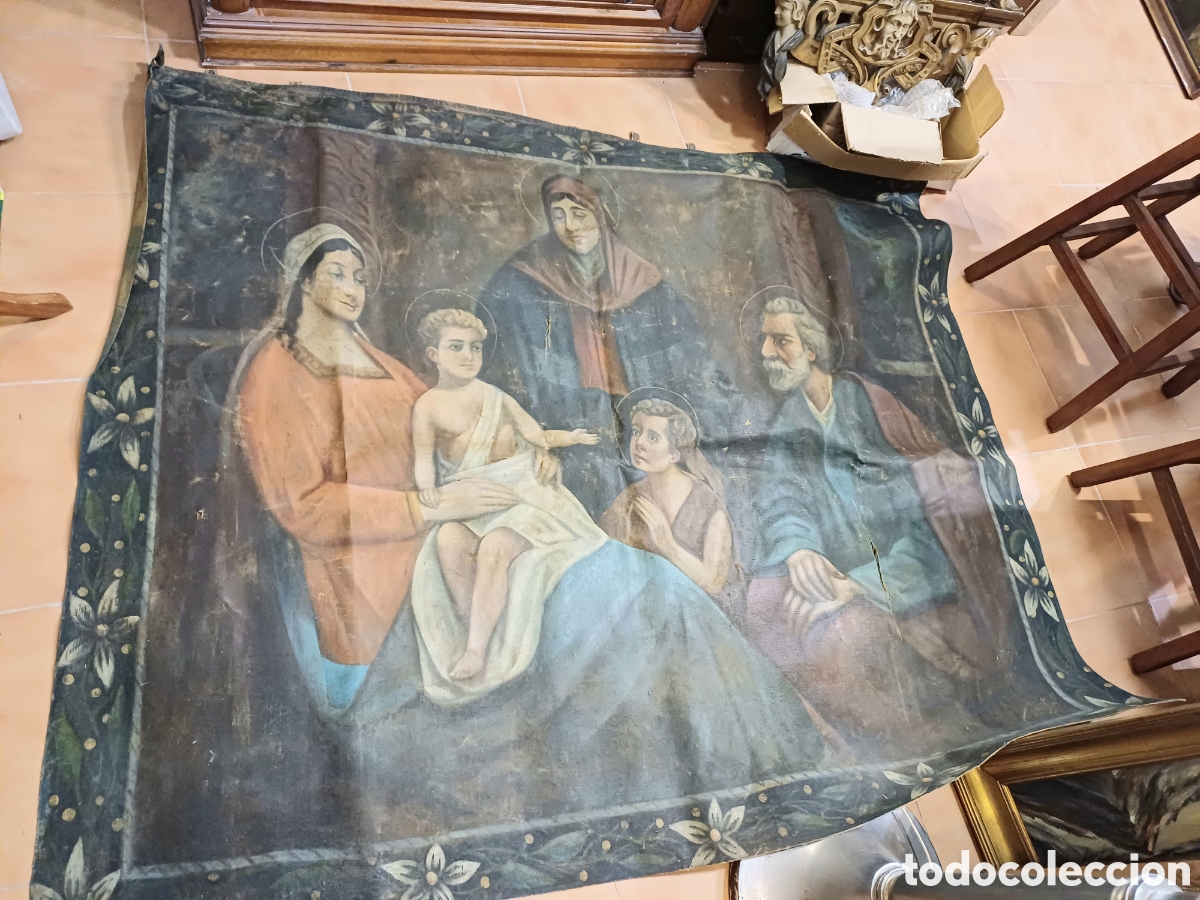 Arte: ANTIGUO TAPIZ AL OLEO SAGRADA FAMILIA, 166X 139 CM.