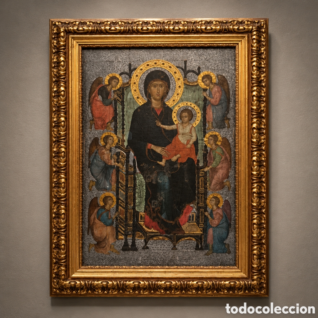 Arte: GRAN ICONO PINTADO AL OLEO Y METAL. ENMARCADO Y PROTEGIDO CON CRISTAL. 85 &times; 63 cm