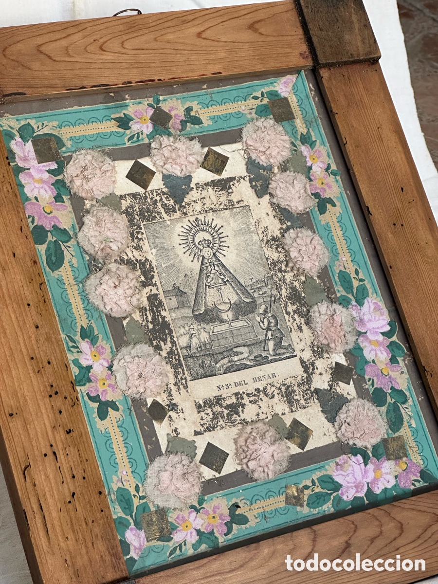Arte: Nuestra se&ntilde;ora del Henar patrona resineros Cu&eacute;llar, Segovia.Ca. 1900. Litograf&iacute;a trabajo conventual.