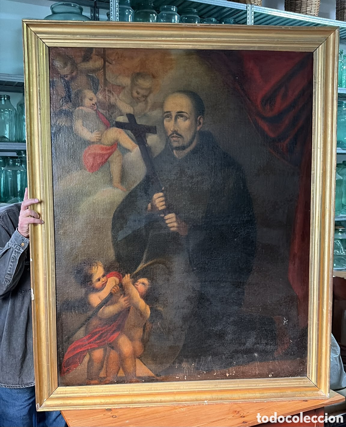 Arte: Gran &oacute;leo religioso sobre lienzo Siglo XIX Santo con Cruz y &Aacute;ngeles 139 cm x111 cm Arte Sacro