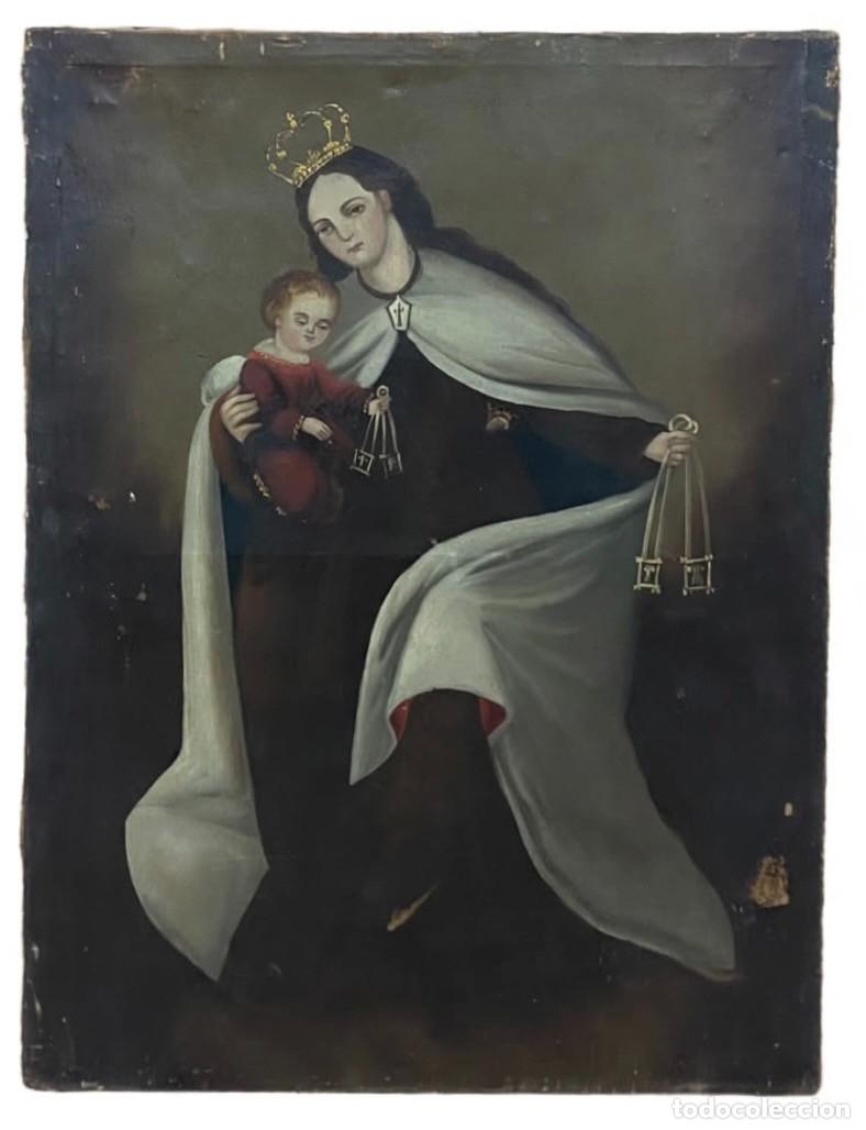 Arte: Antiguo &oacute;leo sobre lienzo de la Virgen del Carmen y el ni&ntilde;o Jes&uacute;s. XVII. 83x62