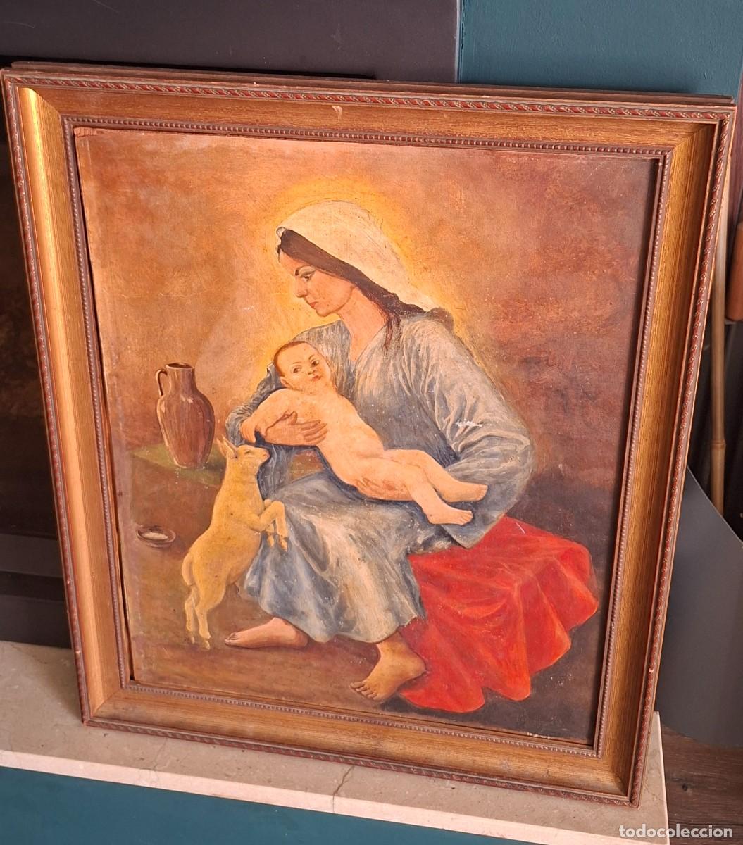 Arte: Virgen con Ni&ntilde;o y cordero, &oacute;leo sobre tabla, escuela catalana (S. XX)