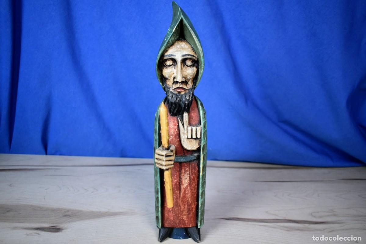 Arte: Antigua Talla De Madera Policromada Estilo Rom&aacute;nico Santo Medieval A&ntilde;os 50