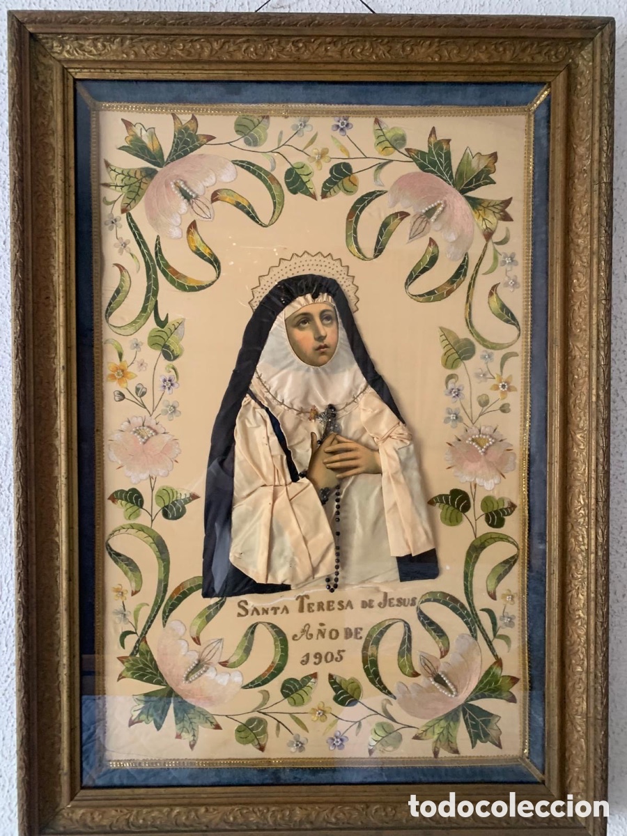 Arte: Antiguo cuadro devocional de Santa Teresa de Jes&uacute;s (1905) - Gran formato relieve y Rosario original