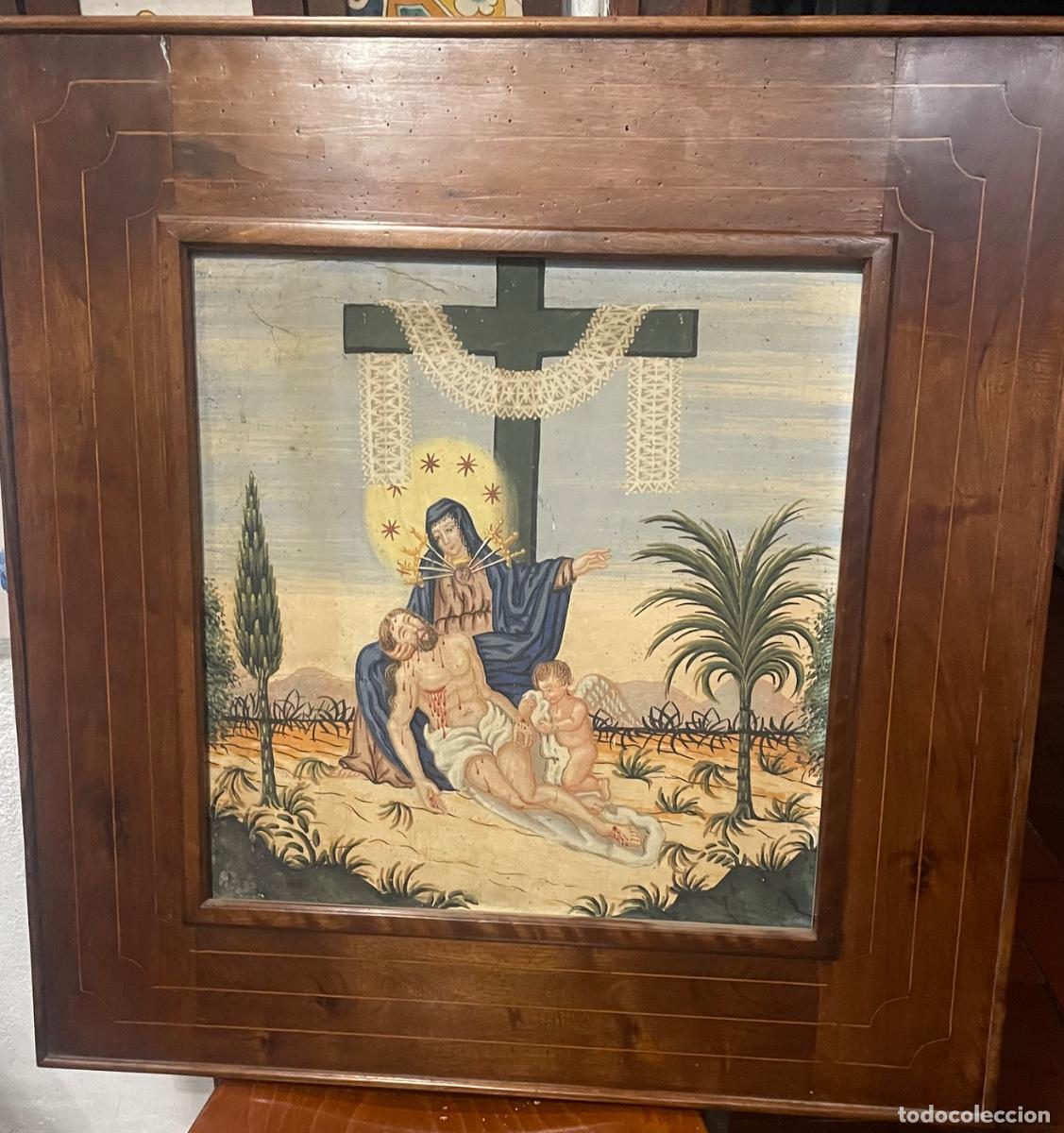 Arte: ANTIGUA PINTURA RELIGIOSA SOBRE TABLA ,CON SU MARCO NUESTRA SE&Ntilde;ORA DE LOS DOLORES O PIEDAD