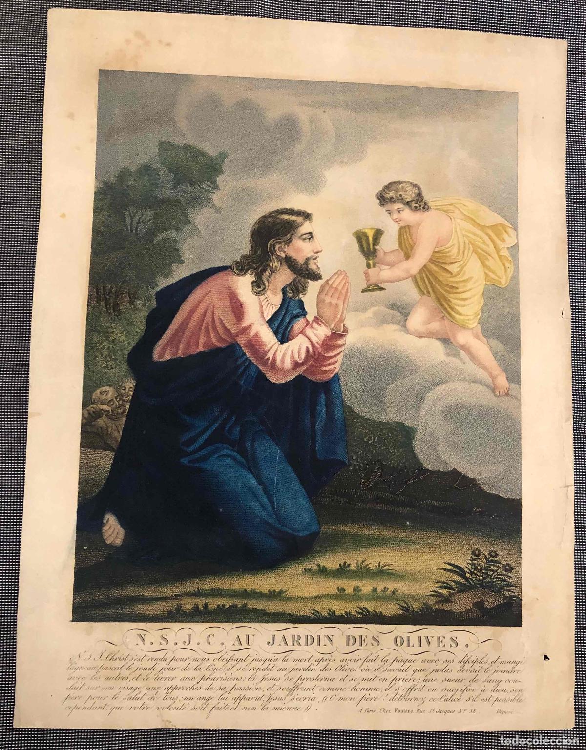 Arte: CROMOLITOGRAFIA N.S.J.C. AU JARDIN DES OLIVES. JESUCRISTO EN EL MONTE DE LOS OLIVOS. SIGLO XIX