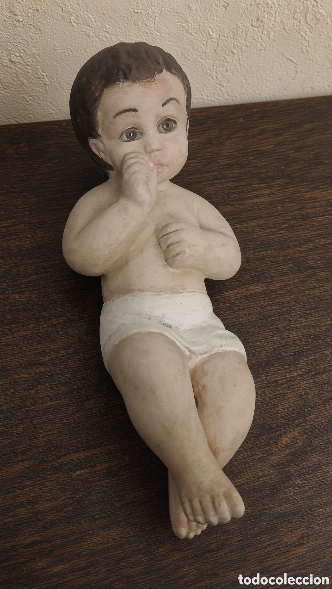 Arte: Antigua figura del Ni&ntilde;o Jes&uacute;s de Olot,con etiqueta original La Virgen del Carmen, Olot. Representado