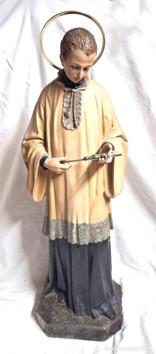 Arte: San Luis Gonzaga Pasta Madera Policromada sello Arte Cristiano Olot. Med. 54 cm