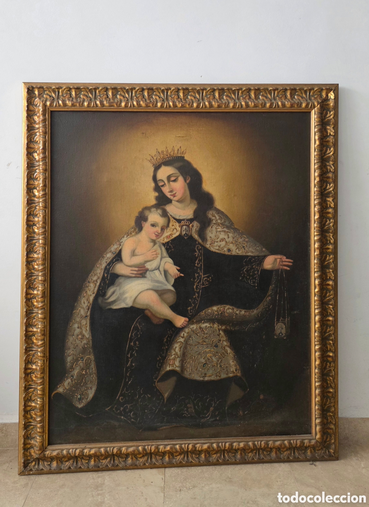 Arte: Gran &Oacute;leo S/ Lienzo Virgen del Carmen con Ni&ntilde;o. Escuela Sevillana con Marco de &Eacute;poca (100x120)