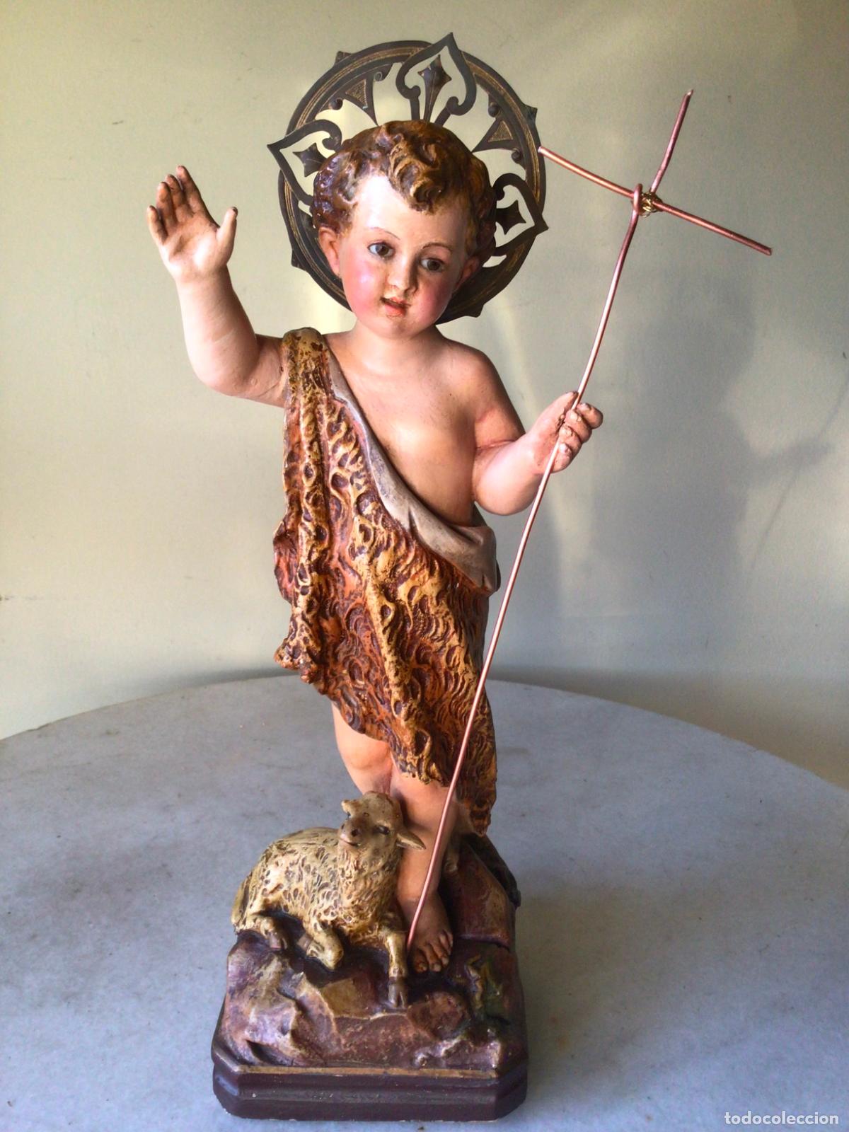 Arte: MUY ANTIGUA FIGURA DE OLOT , NI&Ntilde;O JESUS CON CORDERO . OJOS DE VIDRIO