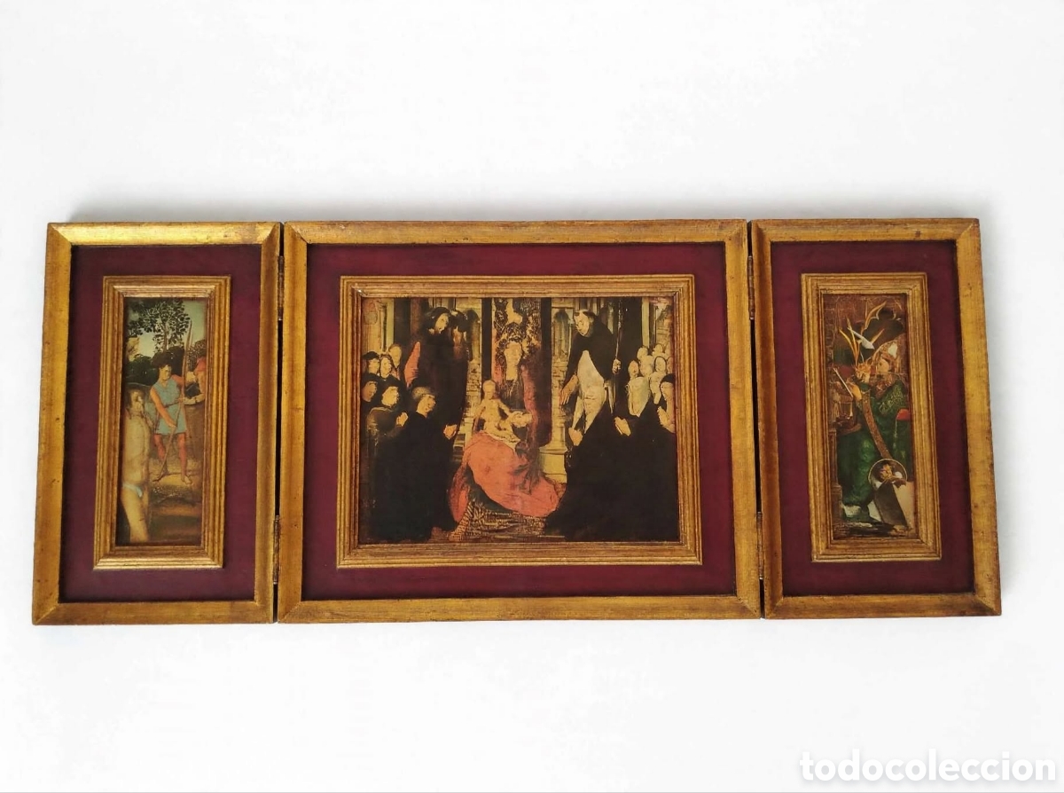 Arte: Antiguo Tr&iacute;ptico Religioso de Madera &ndash; Reproducci&oacute;n de Pintura Flamenca (Estilo Hans Memling / Hugo