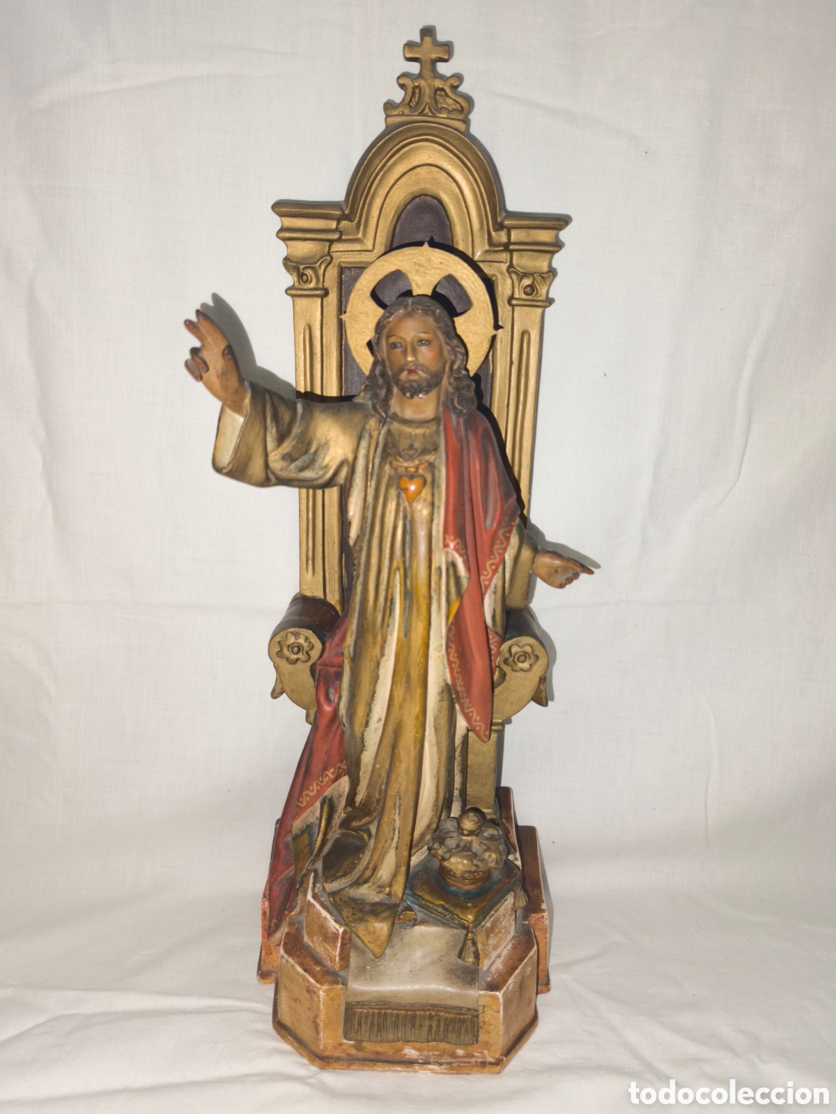 Arte: Sagrado Coraz&oacute;n de Jes&uacute;s Entronizado - Escultura - Escuela Olot - 50 cm - s. XIX