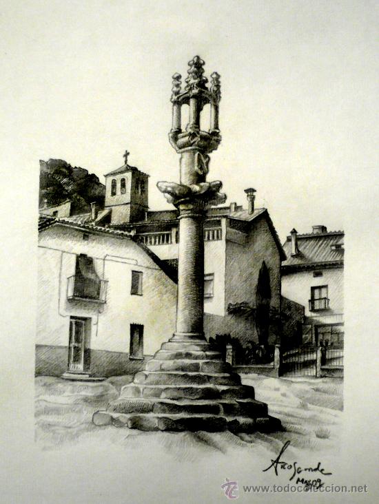 Art: GRABADO SOBRE DIBUJO A LAPIZ PLAZA AYUNTAMIENTO ROLLO JURISDICCIONAL DE CASTILLO DE BAYUELA (TOLEDO)