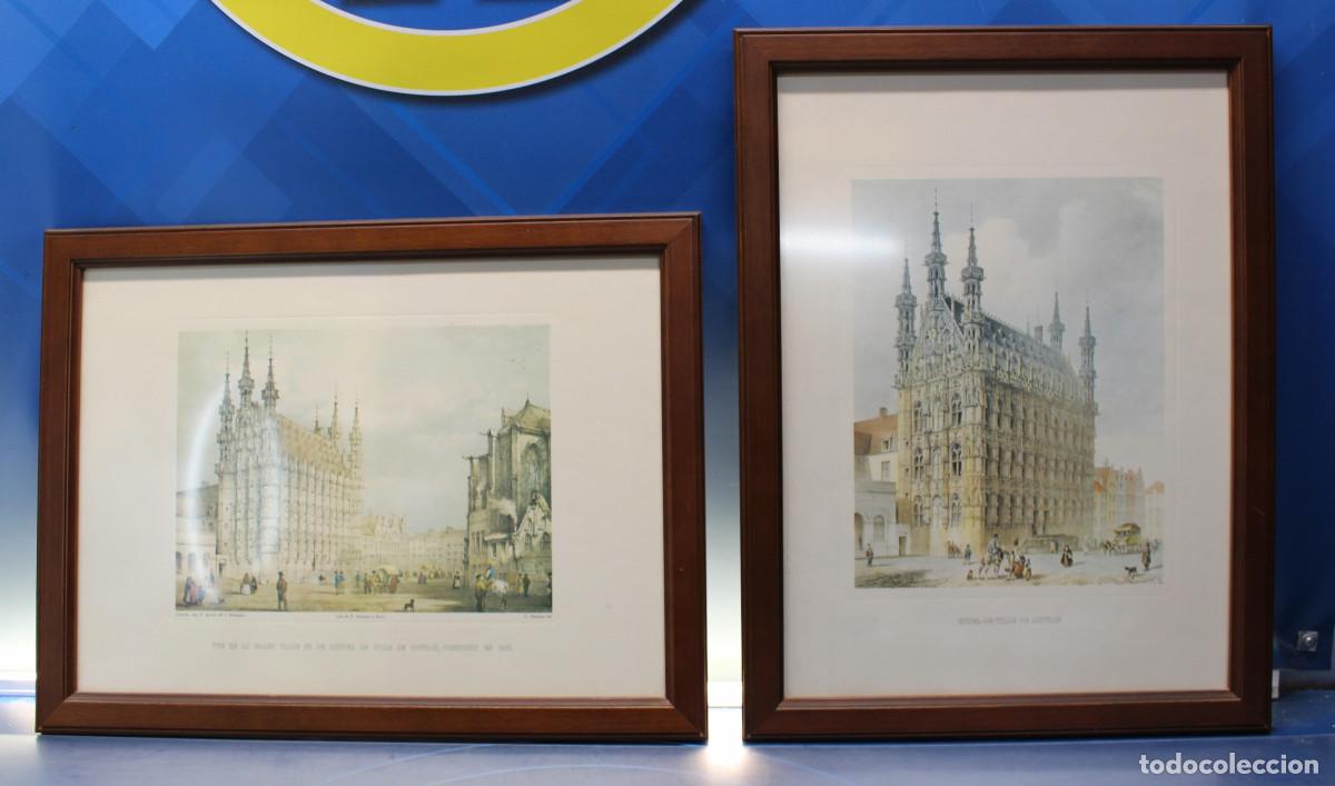 Arte: Pareja de reproducciones de grabados antiguos del Ayuntamiento de Lovaina, B&eacute;lgica.