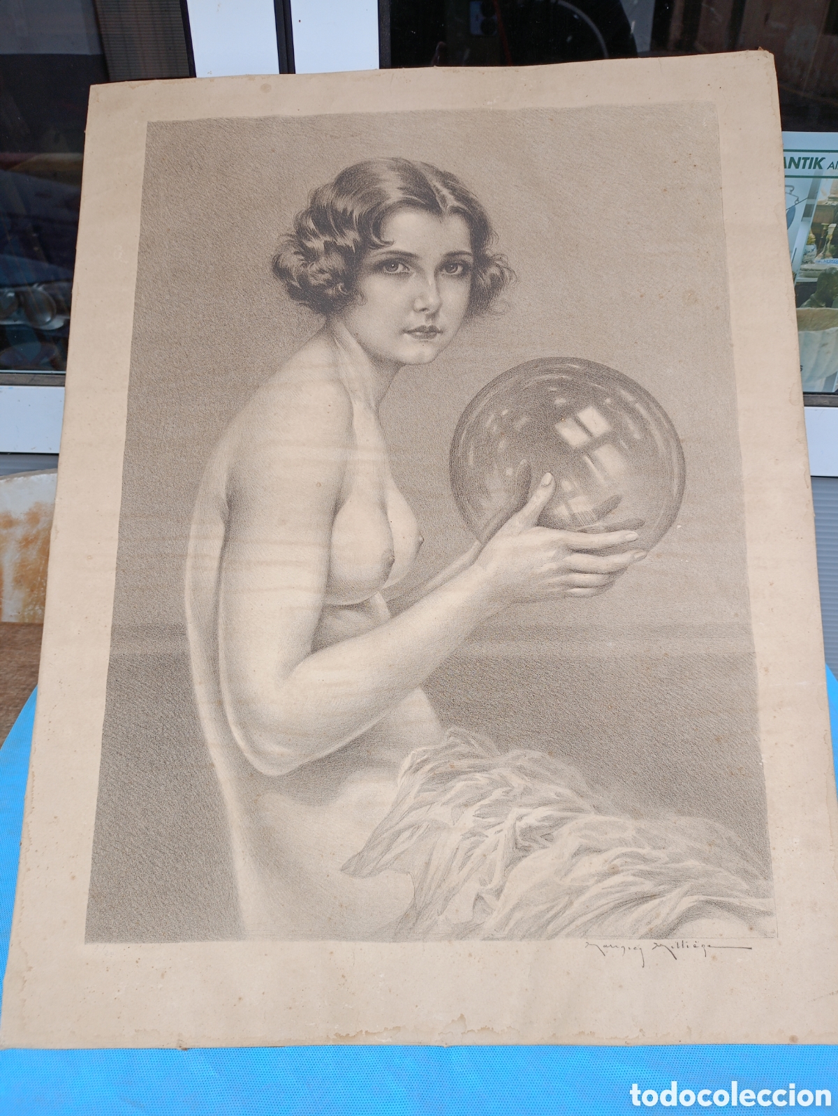Arte: ANTIGUA LITOGRAF&Iacute;A DE DIBUJO CARBONCILLO FEMENINO MAURICE MILLIERE
