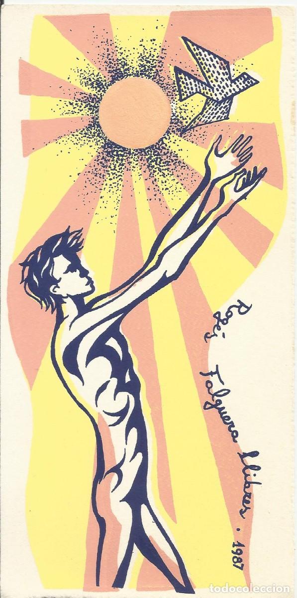 Arte: Serigraf&iacute;a Rog&eacute;s Falguera Llibres. 1987. Matar&oacute;. Hombre desnudo, paloma y sol. 21x10 cm.
