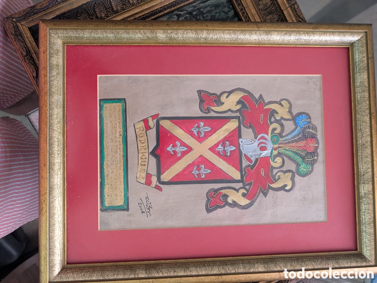 Arte: Cuadro heraldico escudo de armas apellido Rodriguez de Galicia pintado a mano firmado