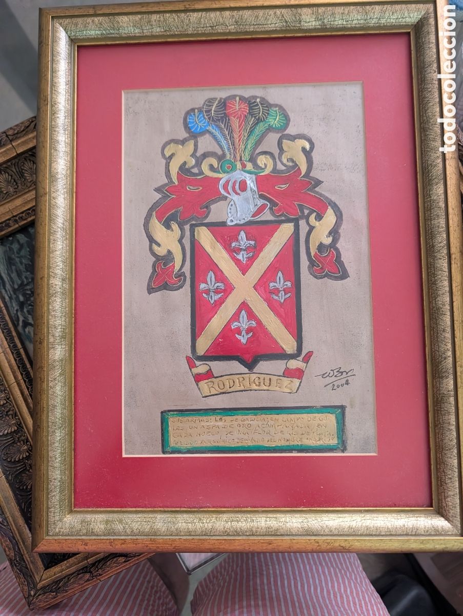 Arte: Cuadro heraldico escudo de armas apellido Rodriguez de Galicia pintado a mano firmado