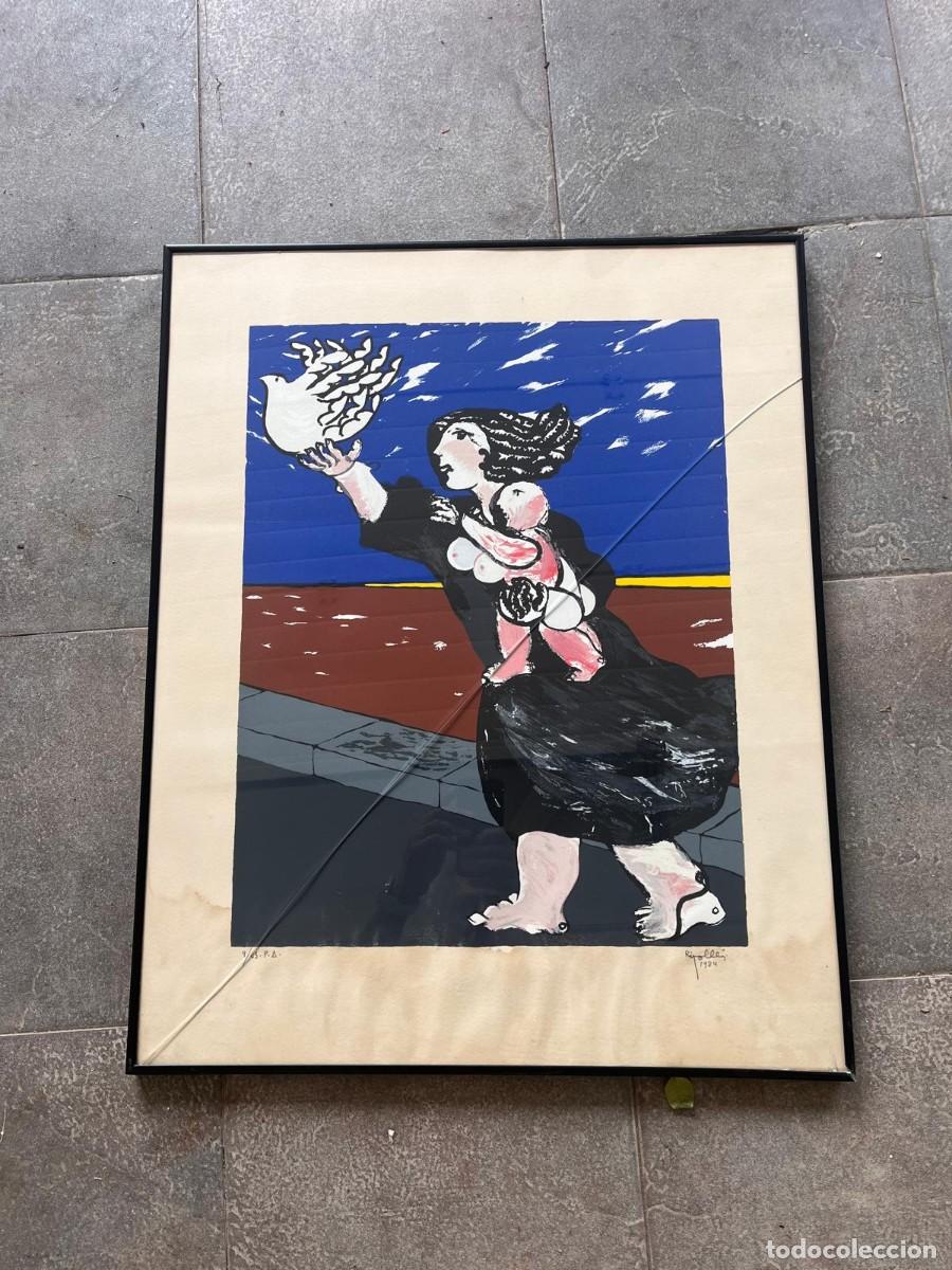 Arte: Juan Ripoll&eacute;s. Serigraf&iacute;a original firmada y numerada 9/65, 1984. Mujer con ni&ntilde;o y paloma