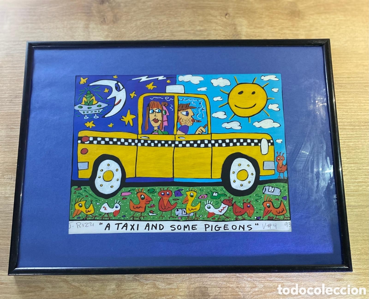 Arte: James Rizzi &ndash; A Taxi and Some Pigeons &ndash; Reproducci&oacute;n enmarcada