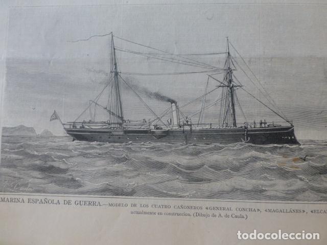 Kunst: MARINA ESPA&Ntilde;OLA DE GUERRA CA&Ntilde;ONERO ANTIGUO GRABADO XILOGRAFICO XILOGRAFIA 1883