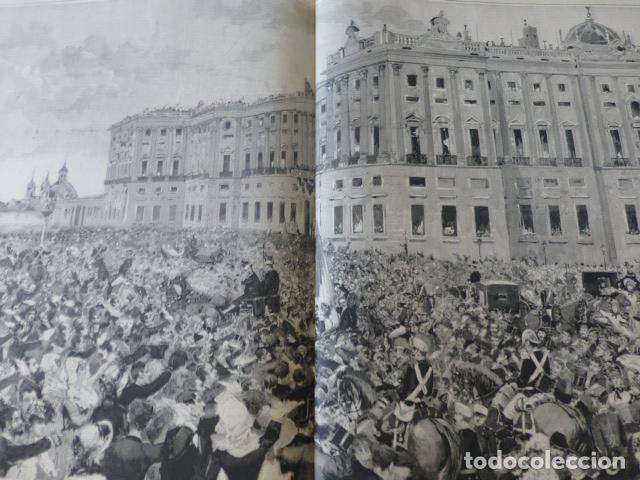 Art: MADRID PALACIO REAL OVACI&Oacute;N AL REY TRAS SU REGRESO ANTIGUO GRABADO XILOGRAFICO XILOGRAFIA 1883