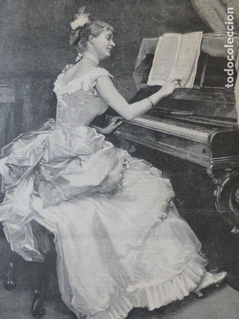 Arte: NOCTURNO MUJER TOCANDO EL PIANO ANTIGUO GRABADO XILOGRAFICO XILOGRAFIA 1884